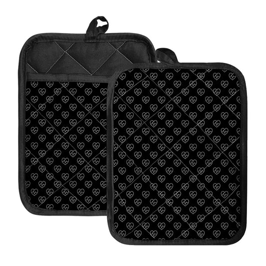 Black And White Heartbeat Pattern Print Pot Holders With Pocket