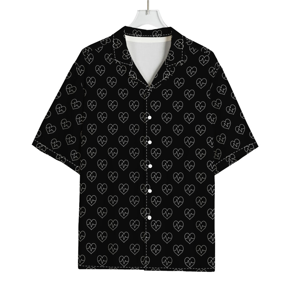 Black And White Heartbeat Pattern Print Rayon Hawaiian Shirt