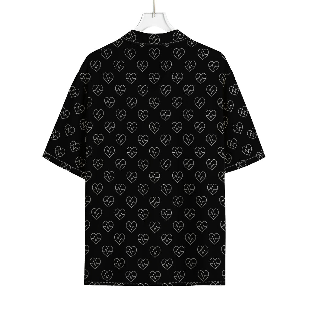 Black And White Heartbeat Pattern Print Rayon Hawaiian Shirt