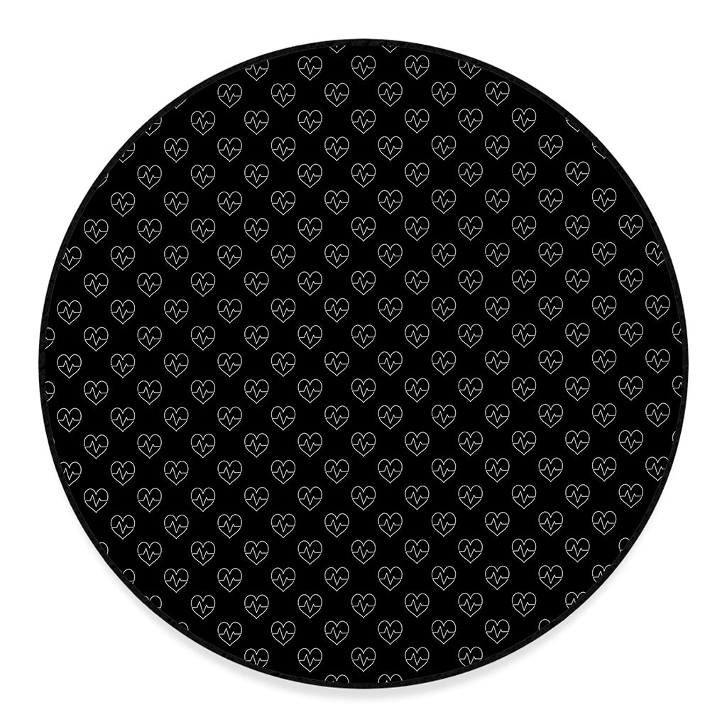 Black And White Heartbeat Pattern Print Round Floor Mat