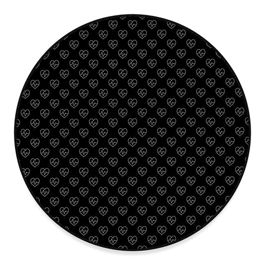 Black And White Heartbeat Pattern Print Round Floor Mat