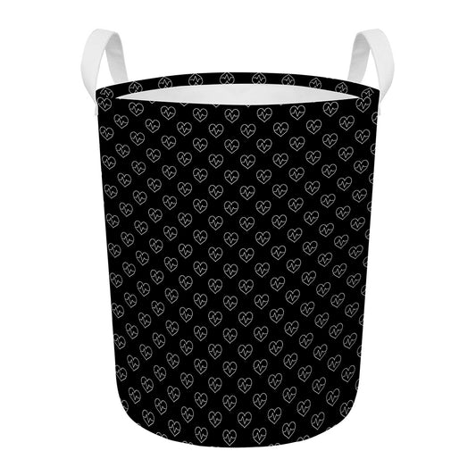 Black And White Heartbeat Pattern Print Round Laundry Basket