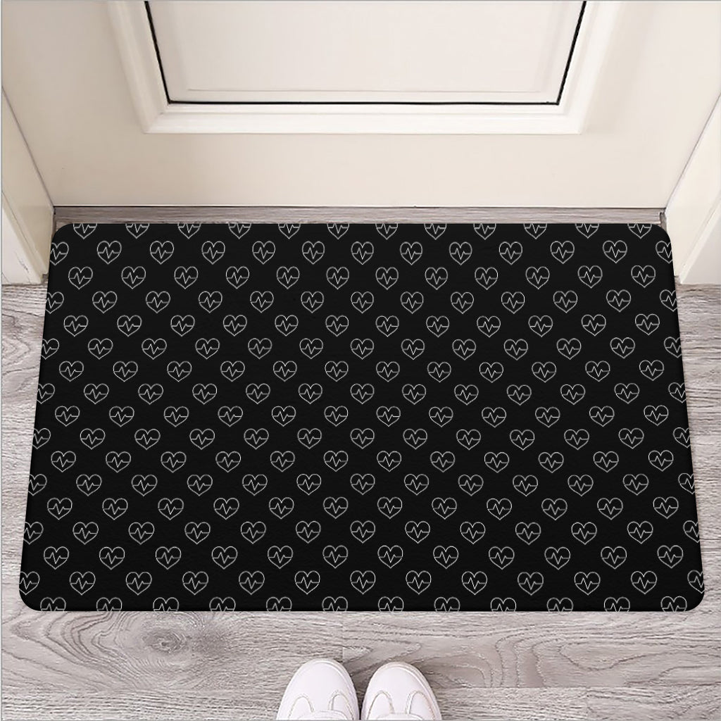 Black And White Heartbeat Pattern Print Rubber Doormat