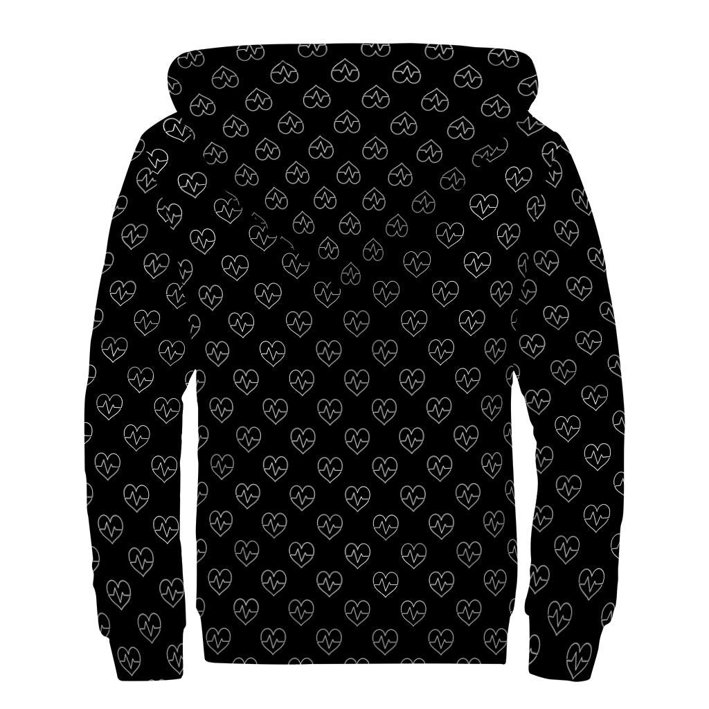 Black And White Heartbeat Pattern Print Sherpa Lined Zip Up Hoodie