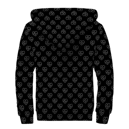 Black And White Heartbeat Pattern Print Sherpa Lined Zip Up Hoodie
