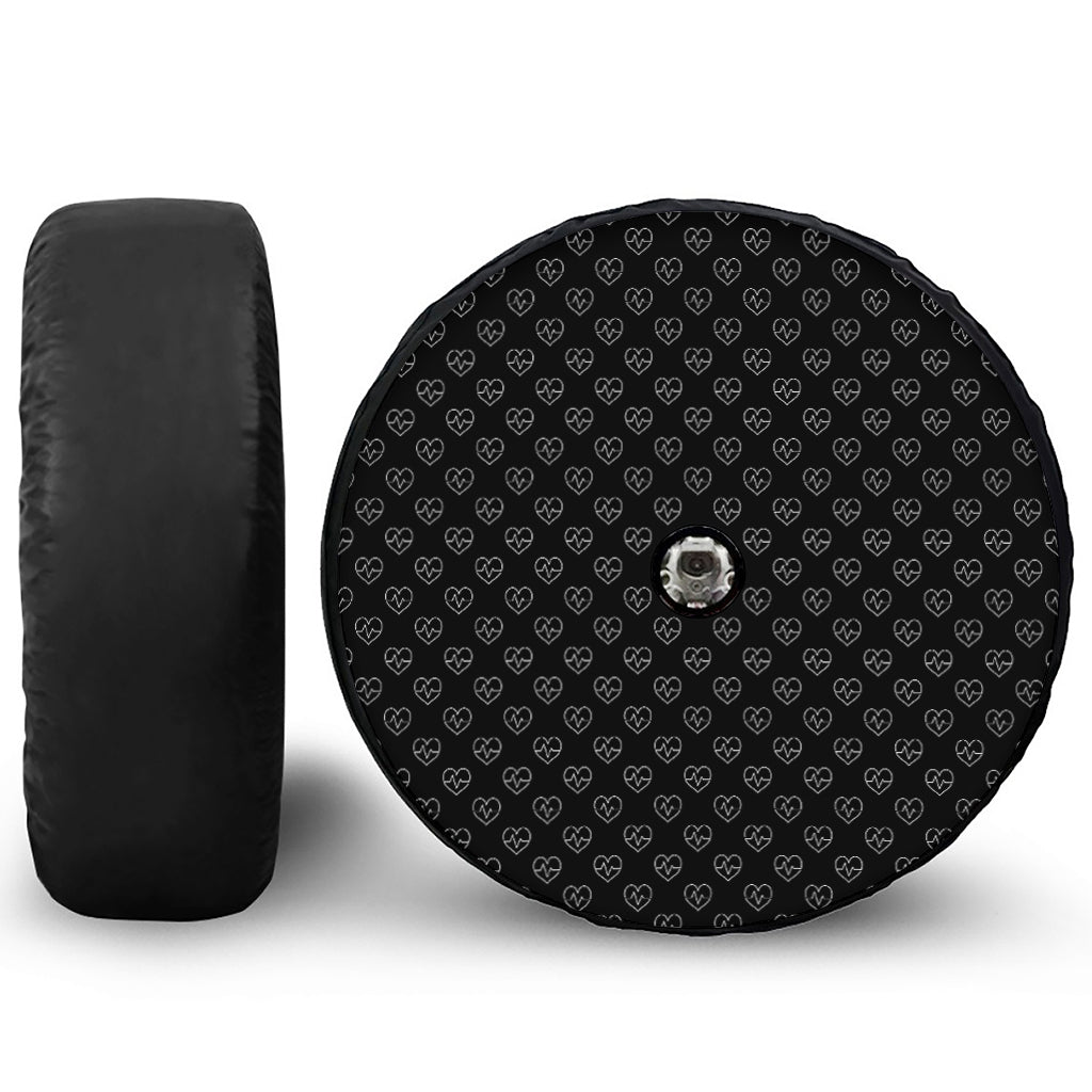 Black And White Heartbeat Pattern Print Tire Cover With Camera Hole