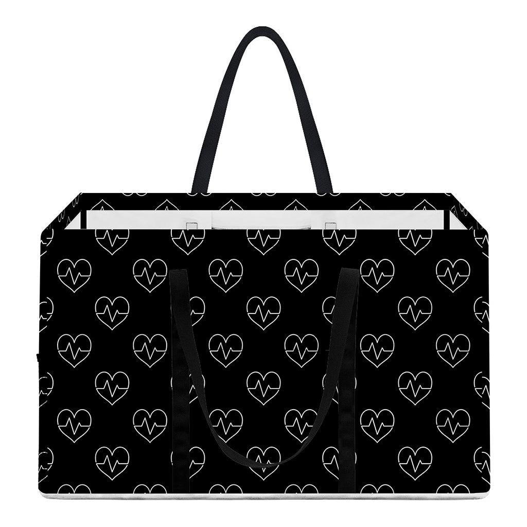 Black And White Heartbeat Pattern Print Utility Tote Bag