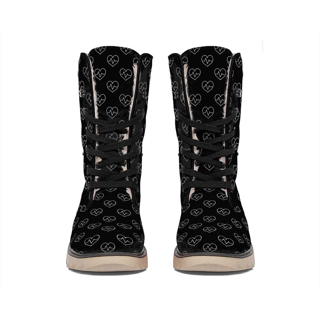 Black And White Heartbeat Pattern Print Winter Boots