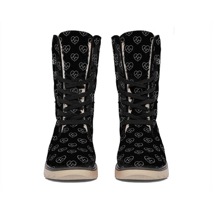 Black And White Heartbeat Pattern Print Winter Boots