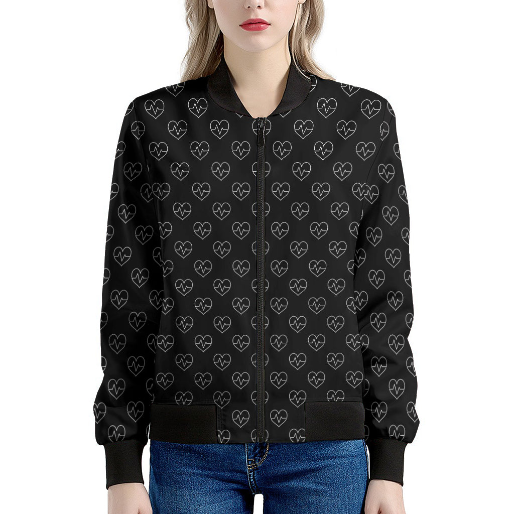 Black And White Heartbeat Pattern Print Women's Bomber Jacket