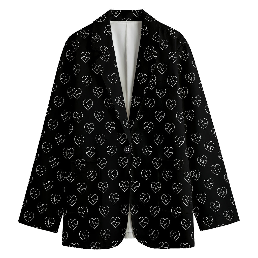 Black And White Heartbeat Pattern Print Women's Cotton Blazer