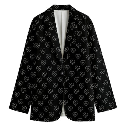 Black And White Heartbeat Pattern Print Women's Cotton Blazer