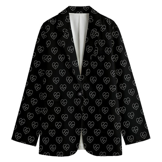 Black And White Heartbeat Pattern Print Women's Cotton Blazer