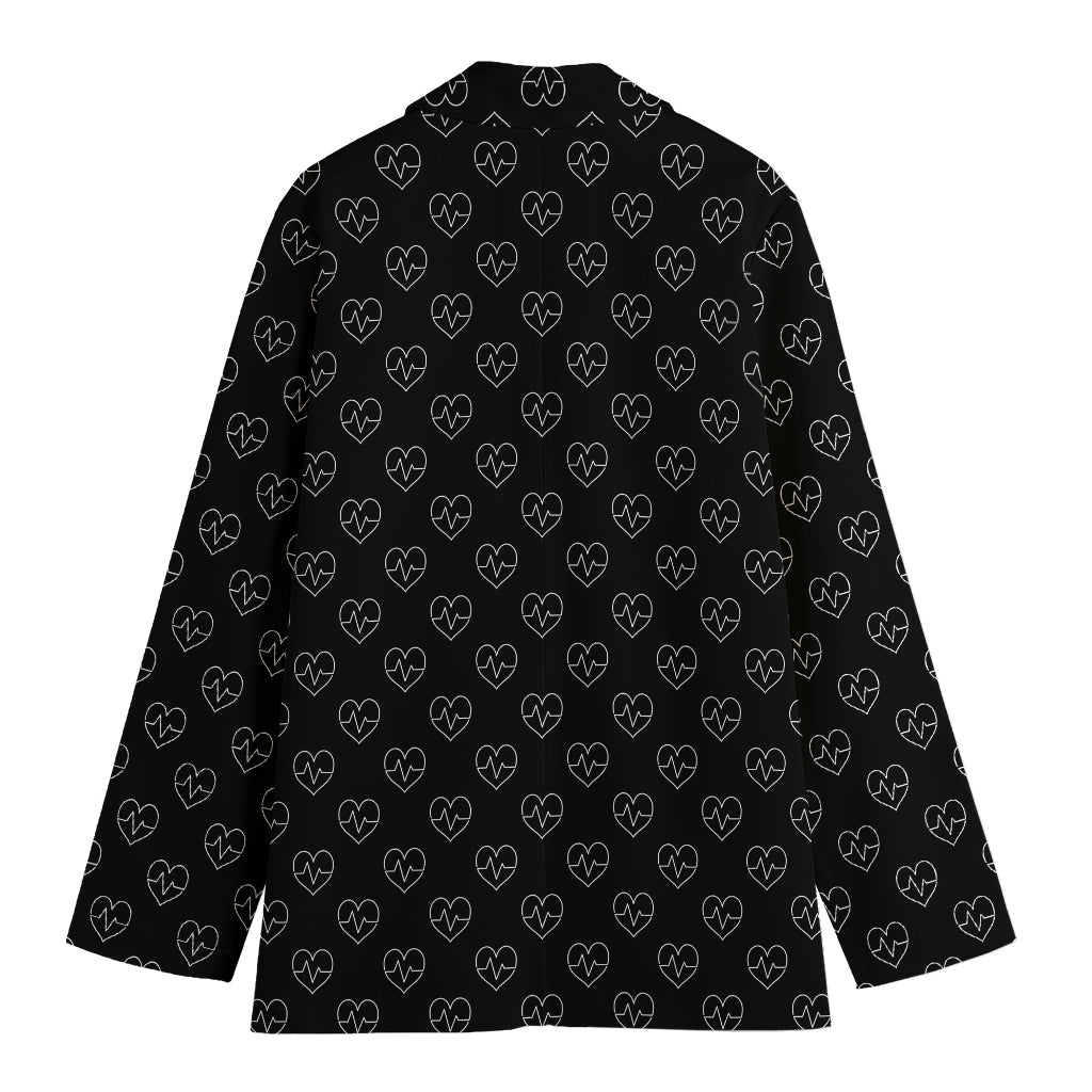 Black And White Heartbeat Pattern Print Women's Cotton Blazer