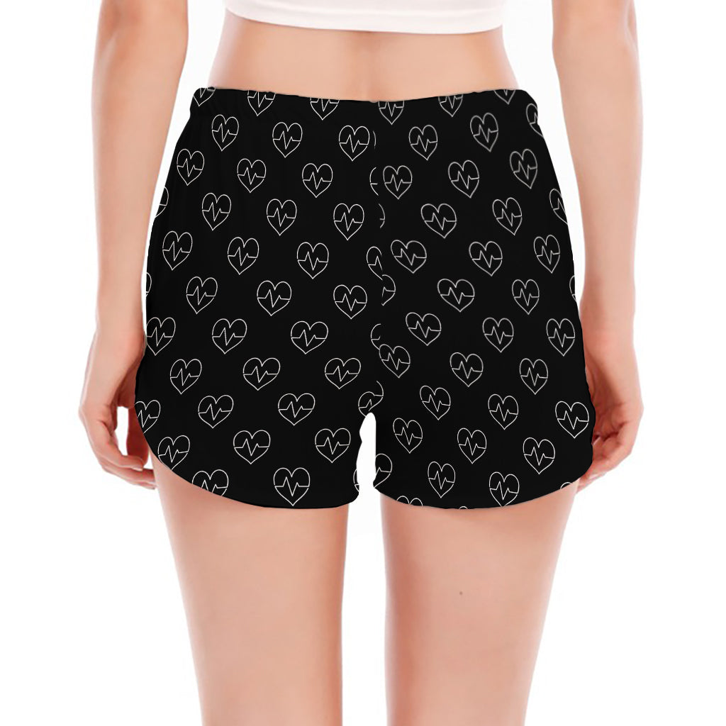 Black And White Heartbeat Pattern Print Women's Split Running Shorts