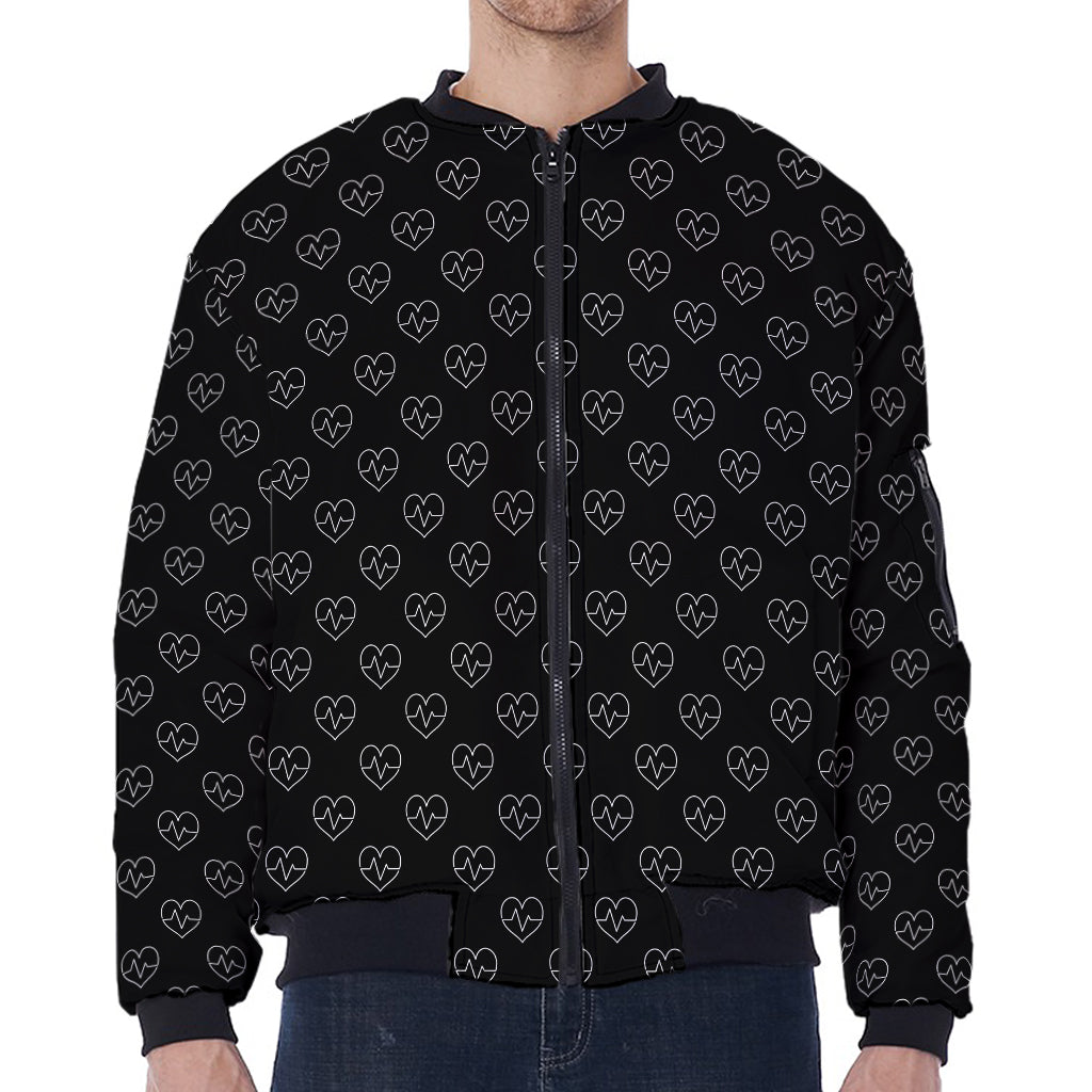 Black And White Heartbeat Pattern Print Zip Sleeve Bomber Jacket