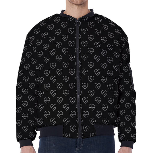 Black And White Heartbeat Pattern Print Zip Sleeve Bomber Jacket