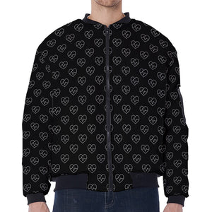 Black And White Heartbeat Pattern Print Zip Sleeve Bomber Jacket