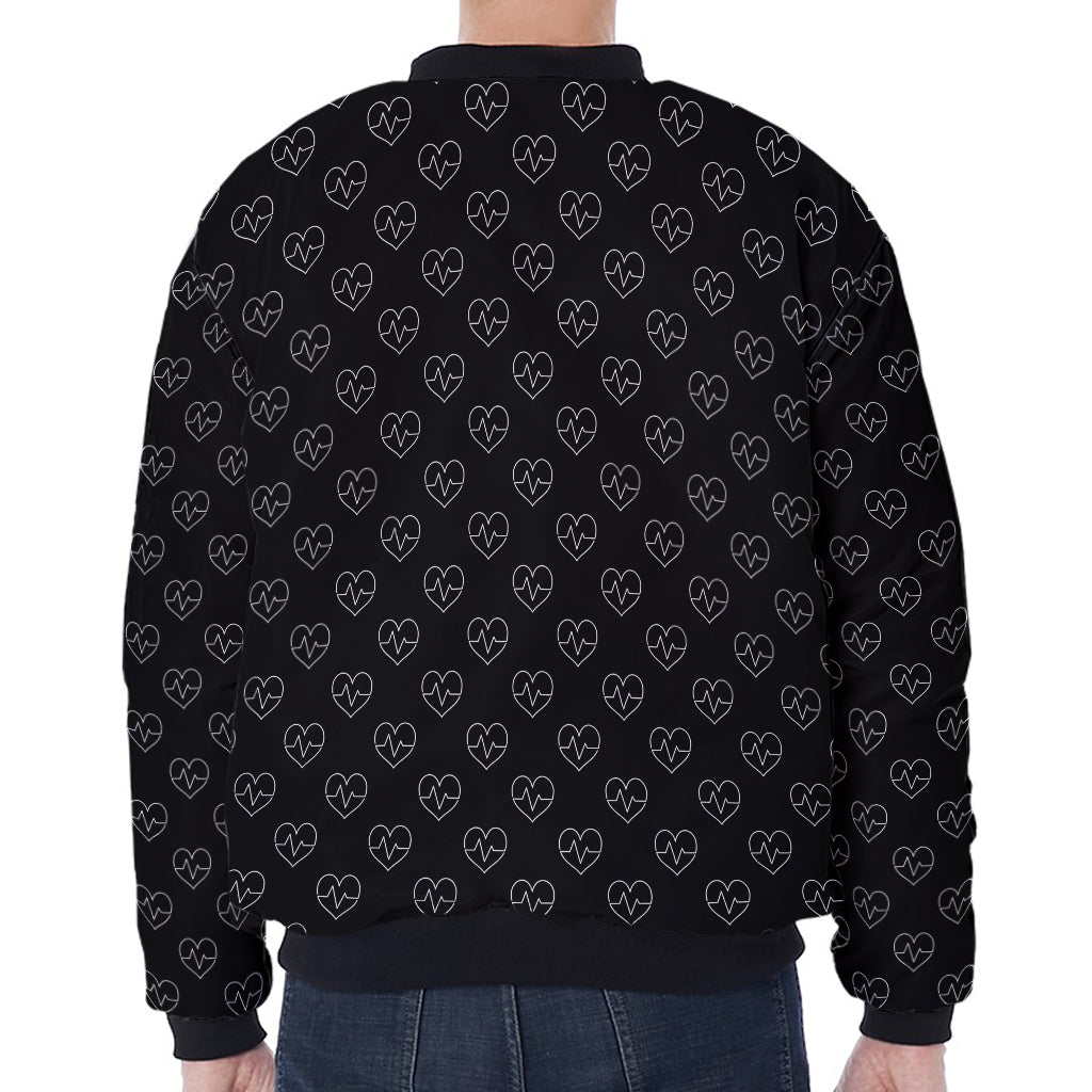 Black And White Heartbeat Pattern Print Zip Sleeve Bomber Jacket