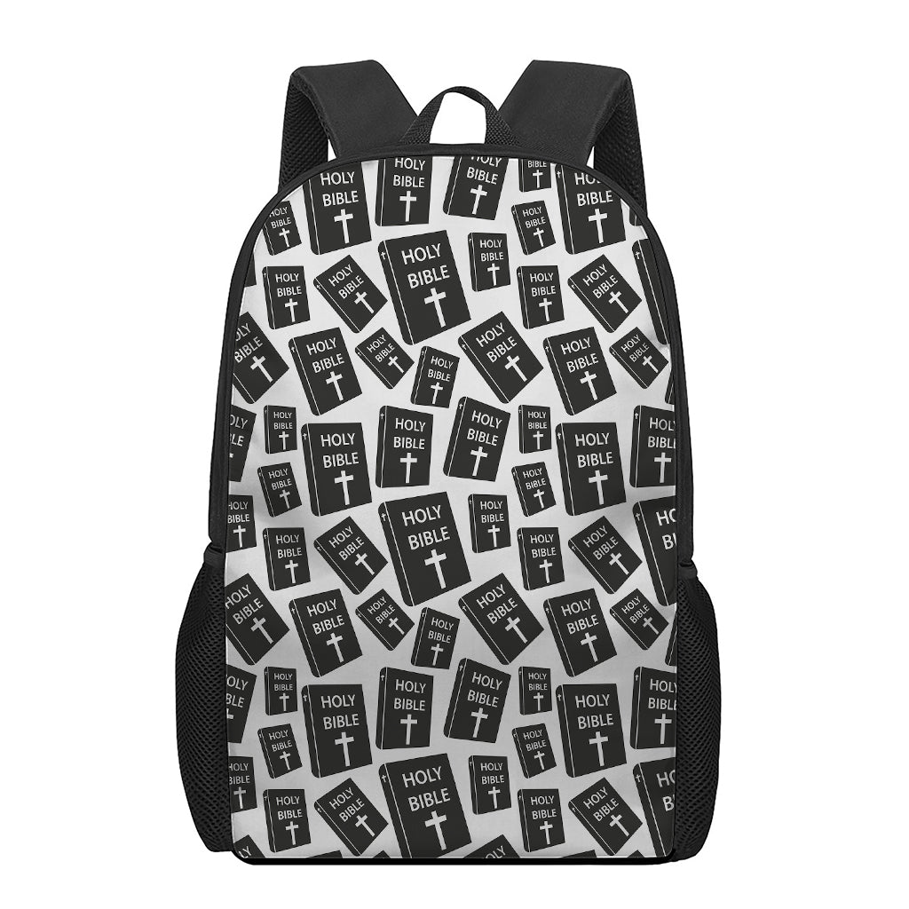 Black And White Holy Bible Pattern Print 17 Inch Backpack