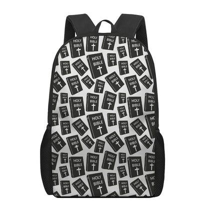 Black And White Holy Bible Pattern Print 17 Inch Backpack