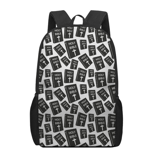 Black And White Holy Bible Pattern Print 17 Inch Backpack