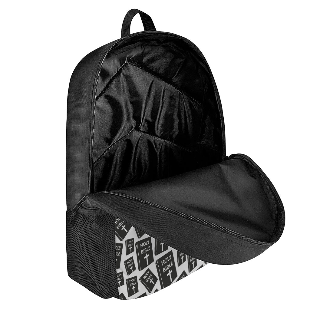Black And White Holy Bible Pattern Print 17 Inch Backpack
