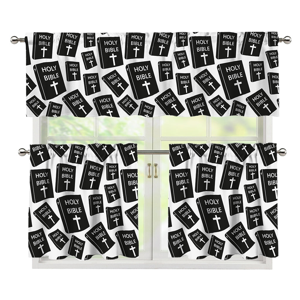Black And White Holy Bible Pattern Print 3 Piece Kitchen Curtains