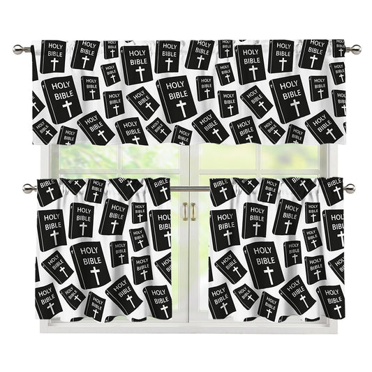 Black And White Holy Bible Pattern Print 3 Piece Kitchen Curtains