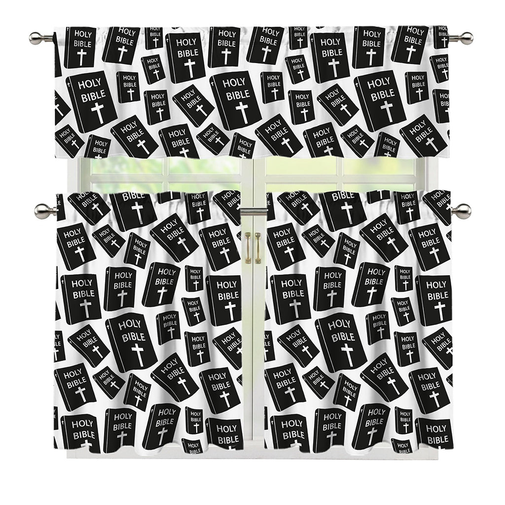Black And White Holy Bible Pattern Print 3 Piece Kitchen Curtains