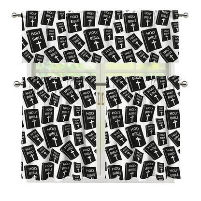 Black And White Holy Bible Pattern Print 3 Piece Kitchen Curtains