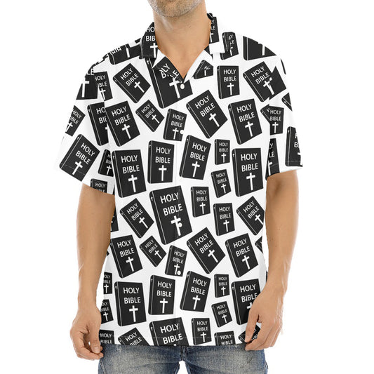 Black And White Holy Bible Pattern Print Aloha Shirt