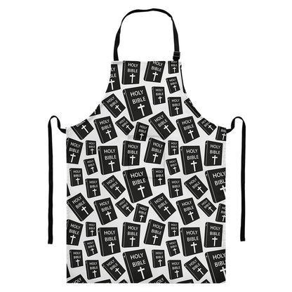 Black And White Holy Bible Pattern Print Bib Apron With Pocket