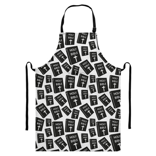 Black And White Holy Bible Pattern Print Bib Apron With Pocket