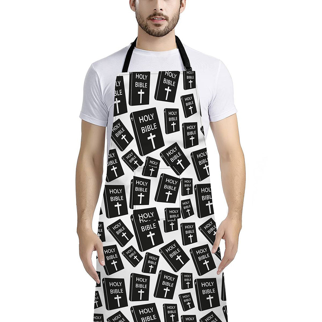Black And White Holy Bible Pattern Print Bib Apron With Pocket