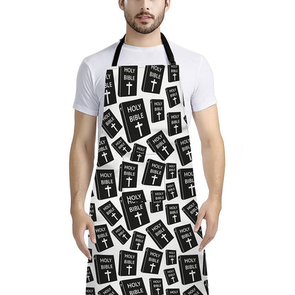Black And White Holy Bible Pattern Print Bib Apron With Pocket