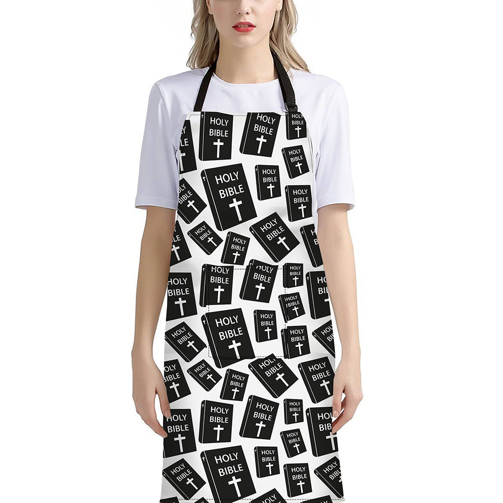 Black And White Holy Bible Pattern Print Bib Apron With Pocket