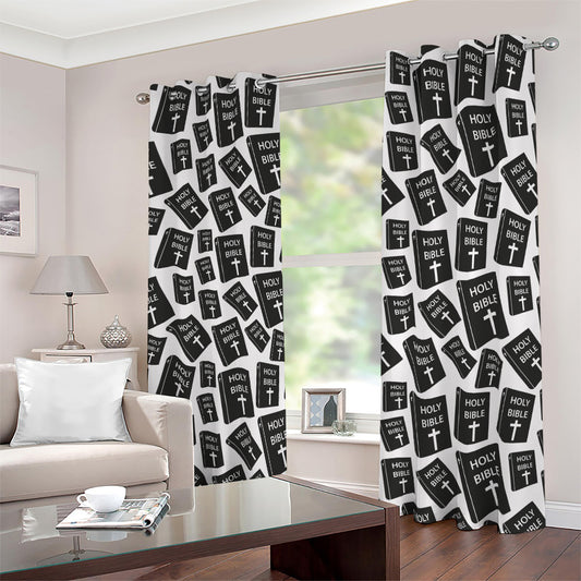 Black And White Holy Bible Pattern Print Blackout Grommet Curtains