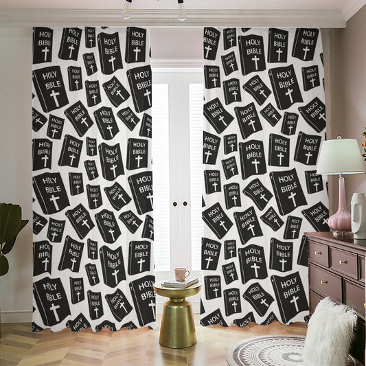 Black And White Holy Bible Pattern Print Blackout Pencil Pleat Curtains