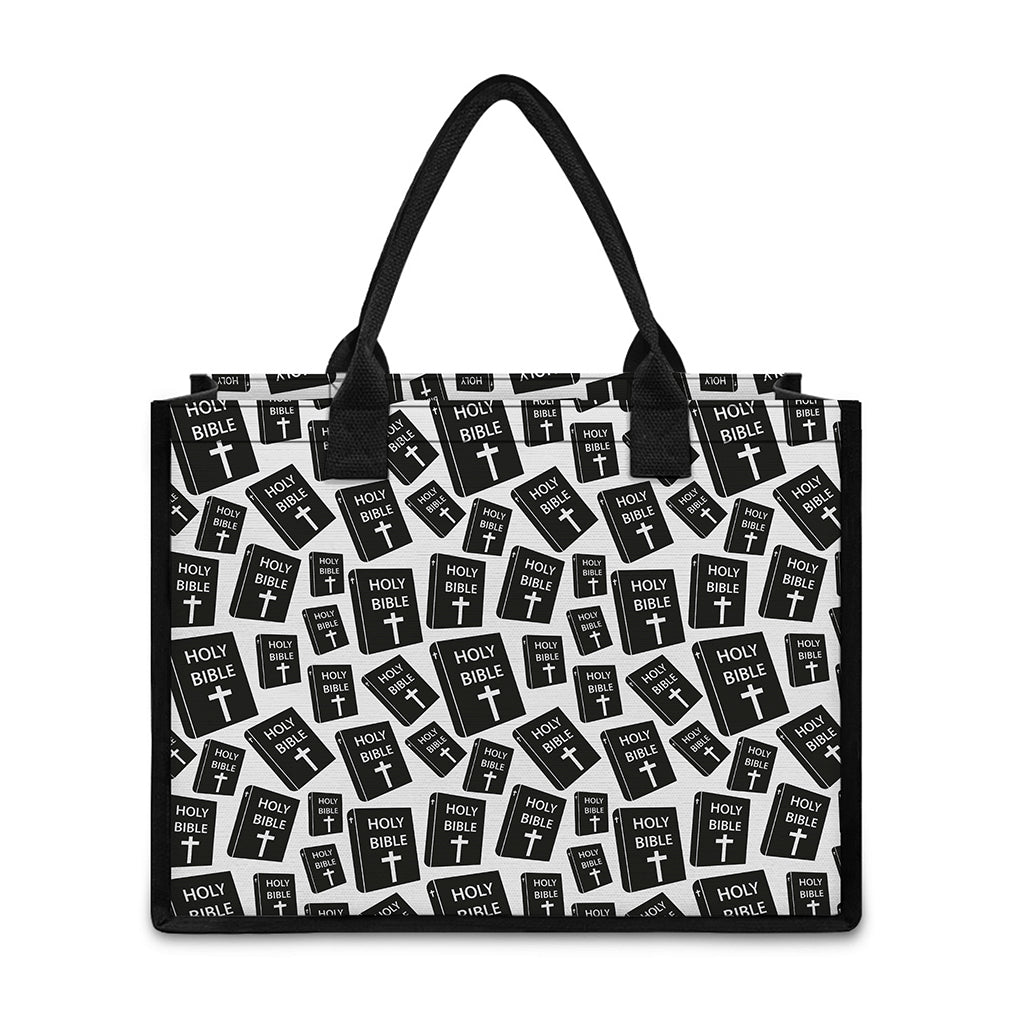 Black And White Holy Bible Pattern Print Canvas Tote Bag
