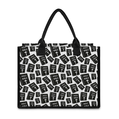Black And White Holy Bible Pattern Print Canvas Tote Bag