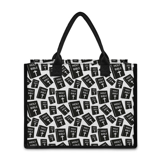 Black And White Holy Bible Pattern Print Canvas Tote Bag