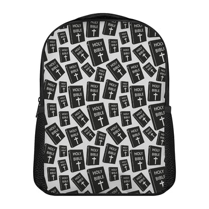 Black And White Holy Bible Pattern Print Casual Backpack