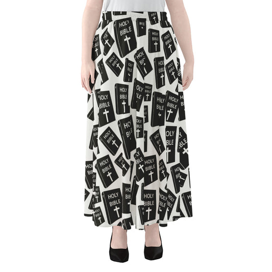 Black And White Holy Bible Pattern Print Chiffon Maxi Skirt