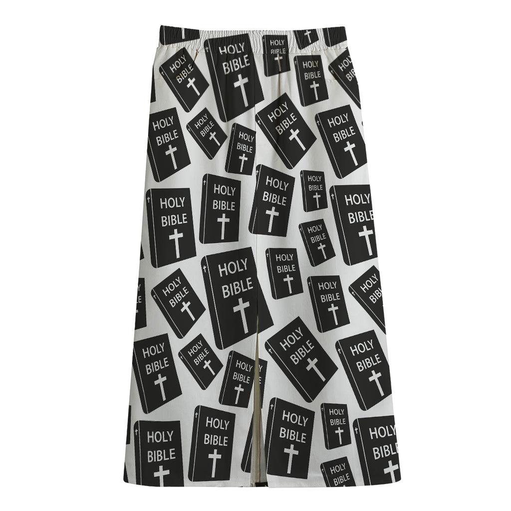 Black And White Holy Bible Pattern Print Cotton Front Slit Maxi Skirt