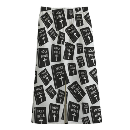 Black And White Holy Bible Pattern Print Cotton Front Slit Maxi Skirt