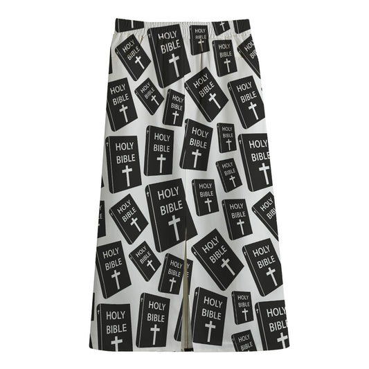 Black And White Holy Bible Pattern Print Cotton Front Slit Maxi Skirt