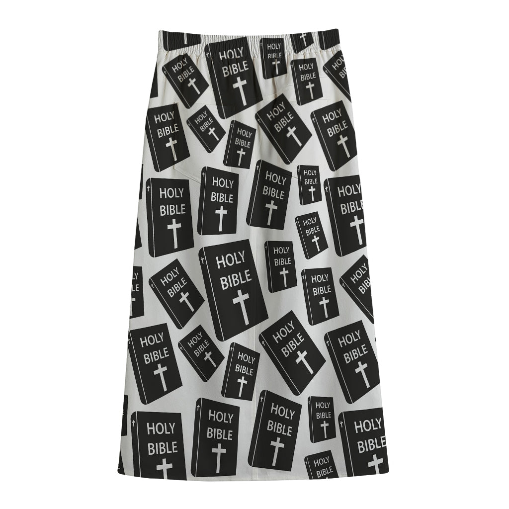 Black And White Holy Bible Pattern Print Cotton Front Slit Maxi Skirt