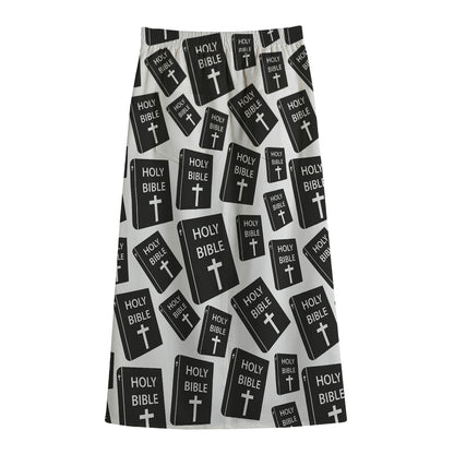 Black And White Holy Bible Pattern Print Cotton Front Slit Maxi Skirt