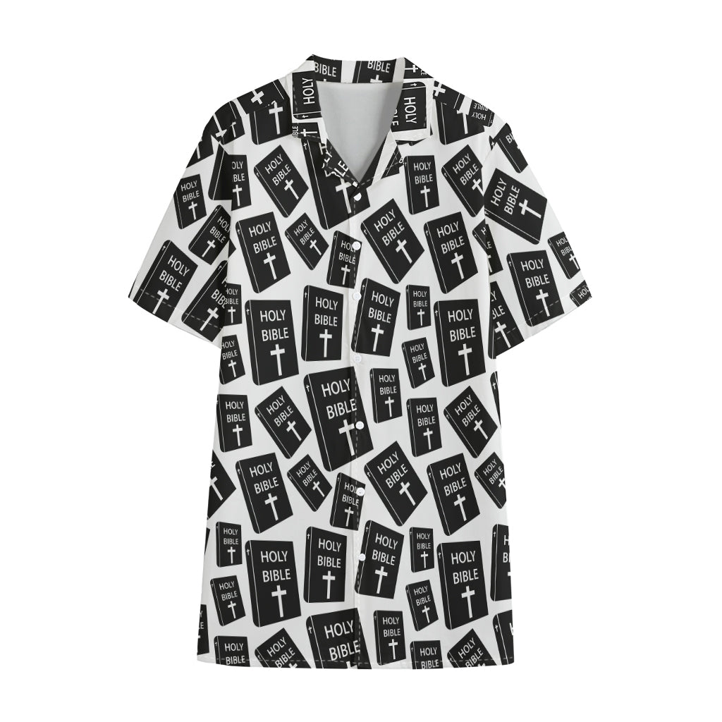 Black And White Holy Bible Pattern Print Cotton Hawaiian Shirt